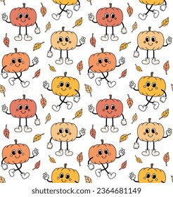 Vector seamless pattern of retro groovy cartoon pumpkins and leaves isolated on white background