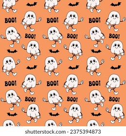 Vector seamless pattern of retro groovy cartoon ghost and Halloween boo lettering isolated on orange background