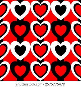 Vector, Seamless Pattern, 
Retro Heart Fabric, 60s 70s Inspired Pattern, 
Graphic Heart Textile, High-Contrast Heart Design, 
Abstract Heart Pattern, Interlocking Hearts