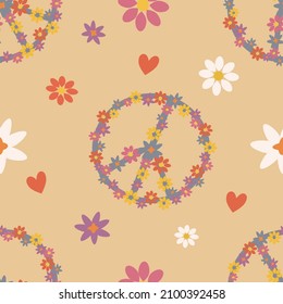 vector seamless pattern in retro hippie style with flowers, hearts and peace signs. pattern in flat style