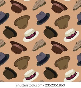 Vector seamless pattern with retro man's hats on beige background. Vector collection of vintage hats of 1930-s. Fedora, derby, boater, homburg, cap, walker.