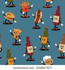 Vector seamless pattern with retro mascot characters walking glass bottles with drink and various fast food on blue background