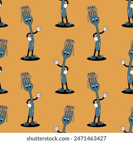 Vector seamless pattern with retro mascot characters walking fork with pasta on yellow background