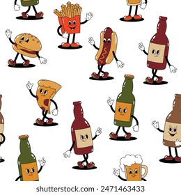 Vector seamless pattern with retro mascot characters walking glass bottles with drink and various fast food on white background