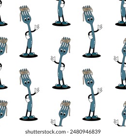 Vector seamless pattern with retro mascot characters walking fork with pasta on white background