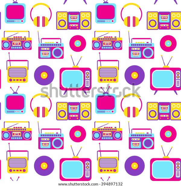 Vector Seamless Pattern with Retro Media\
technology, flat icons set, of tv, radio, headphones, stereo\
system, tape recorder