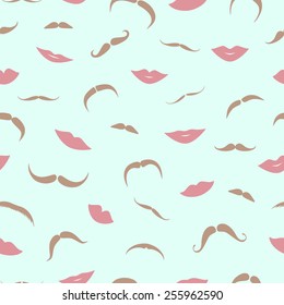 Vector seamless pattern with retro moustache and female lips silhouettes. Perfect for prints and backgrounds.