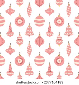 Vector seamless pattern with retro ornaments and decorations for Christmas tree. Pink Christmas baubles on white background. Happy New Year and Merry Christmas celebration.