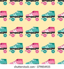 Vector seamless pattern with retro skates. Wallpaper with quad skates. Retro skating background. Flat colors. Roller derby skating flat symbols. Retro pattern for cards and invitations. Roller boot.