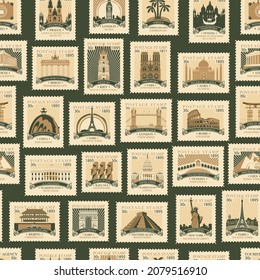 Vector seamless pattern in retro style with old postage stamps with landmarks from different countries. Repeating background on a travel theme. Suitable for wallpaper, wrapping paper or fabric design