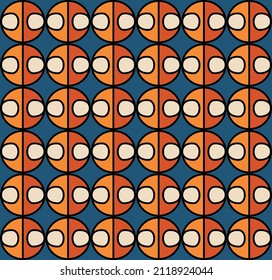 Vector seamless pattern in retro style 70s and 80s years with circle orange colour on blue background. Vintage geometric ornament for textile and wallpaper. Trendy colorful illustration. 