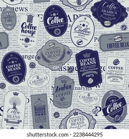 Vector seamless pattern in retro style on coffee and coffee house theme with various coffee labels on the background of old newspaper. Suitable for wallpaper, wrapping paper, fabric, textile