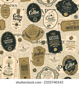 Vector seamless pattern in retro style on coffee and coffee house theme with various coffee labels on the background of old newspaper. Suitable for wallpaper, wrapping paper, fabric, textile