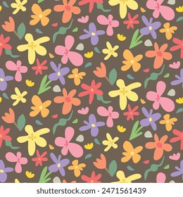 Vector seamless pattern in retro style colors. Floral and fun illustration for fabric and decoration.