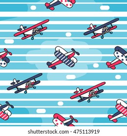 Vector seamless pattern in retro style. Colorful vintage airplanes on the background of cloudy sky.