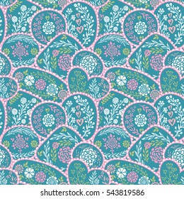 Vector seamless pattern in retro style with hand drawn flowers and branches. Floral endless background for fabric, textile, wrapping. Valentine Day, Love, wedding, romantic theme for design.