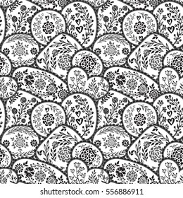Vector seamless pattern in retro style with hand drawn flowers and branches. Floral endless background for fabric, textile, wrapping. Valentine Day, wedding theme for design