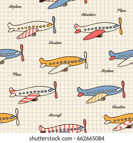 Vector seamless pattern in retro style. Striped vintage planes on a notebook sheet.