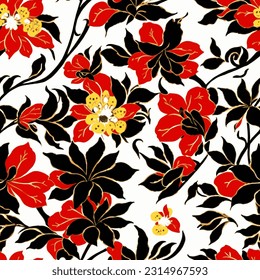 vector seamless pattern retro textile print red black white flowers background