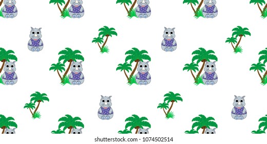 Vector seamless pattern with rhino and palm trees. Illustration of a cartoon rhino. Cute print. Scrapbook paper, wrapping paper.