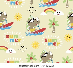 vector seamless pattern of rhino in windsurfing with summer beach holiday elements