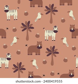 Vektornahtloses Muster mit Rhinozeros, Vogel, Zebra.Tropischer Dschungelkreaturen.Pastelltierhintergrund.Frische natürliche Muster für Gewebe, Kinderbekleidung, Textilien, Wickelpapier.