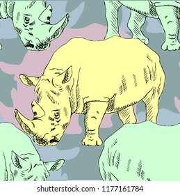 Vector seamless pattern with rhinoceros. Rhino with lines. 8