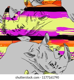Vector seamless pattern with rhinoceros. Rhino with lines. 3