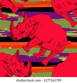 Vector seamless pattern with rhinoceros. Rhino with lines. 4