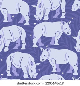 Vector seamless pattern with rhinos in the night Africa.
