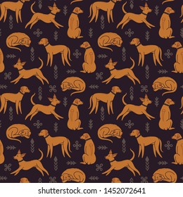 Vector seamless pattern with Rhodesian Ridgeback in sleeping, sitting, standing and running poses. Repeated texture with cute dogs. Vector background with animals. Fabric swatch with cartoon character