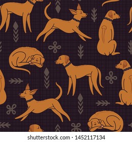 Vector seamless pattern with Rhodesian Ridgeback in sleeping, sitting, standing and running poses. Repeated texture with cute dogs. Vector background with animals. Fabric swatch with cartoon character