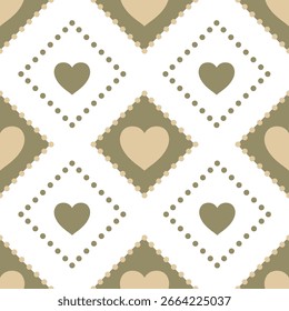 Vetor losango padrão sem emenda com corações vermelhos. Gingham de textura repetida geométrica.