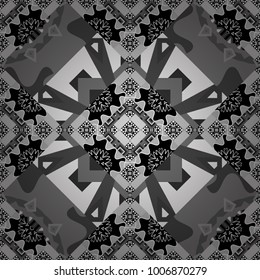 Vector seamless pattern with rhombus and tiles. Vintage decorative repainting art with ethnic motifs in gray, black and white colors. Abstract geometric squares with round symmetry.