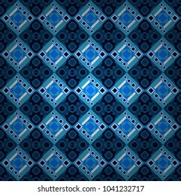 Vector seamless pattern with rhombus and tiles. Vintage decorative repainting art with ethnic motifs in white, blue and black colors. Abstract geometric squares with round symmetry.