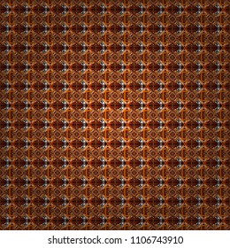 Vector seamless pattern with rhombus and tiles. Vintage decorative repainting art with ethnic motifs in brown, red and orange colors. Abstract geometric squares with round symmetry.