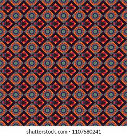 Vector seamless pattern with rhombus and tiles. Vintage decorative repainting art with ethnic motifs in brown, red and black colors. Abstract geometric squares with round symmetry.