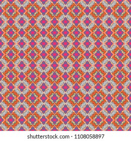 Vector seamless pattern with rhombus and tiles. Vintage decorative repainting art with ethnic motifs in pink, gray and blue colors. Abstract geometric squares with round symmetry.