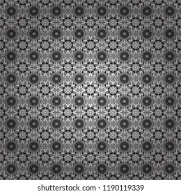 Vector seamless pattern with rhombus and tiles. Vintage decorative repainting art with ethnic motifs in gray, black and white colors. Abstract geometric squares with round symmetry.