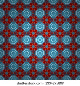 Vector seamless pattern with rhombus and tiles. Vintage decorative repainting art with ethnic motifs in blue, orange and red colors. Abstract geometric squares with round symmetry.