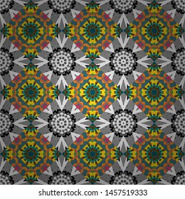 Vector seamless pattern with rhombus and tiles. Abstract geometric squares with round symmetry. Vintage decorative repainting art with ethnic motifs in yellow, gray and blue colors.