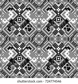 Vector seamless pattern with rhombus and tiles. Vintage decorative repainting art with boho chic style and ethnic motifs in white, gray and black colors. Abstract geometric squares with round symmetry