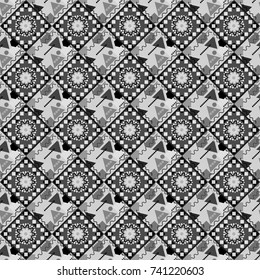 Vector seamless pattern with rhombus and tiles. Vintage decorative repainting art with boho chic style and ethnic motifs in white, gray and black colors. Abstract geometric squares with round symmetry