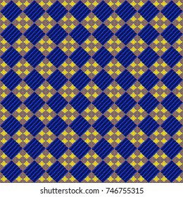 Vector seamless pattern with rhombus and tiles. Vintage decorative repainting art with boho chic style and ethnic motifs in black, orange, blue colors. Abstract geometric squares with round symmetry.