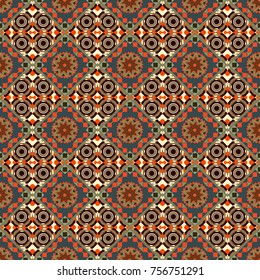 Vector seamless pattern with rhombus and tiles. Vintage decorative repainting art with ethnic motifs in beige, green and orange colors. Abstract geometric squares with round symmetry.