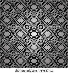 Vector seamless pattern with rhombus and tiles. Vintage decorative repainting art with boho chic style and ethnic motifs in black, white and gray colors. Abstract geometric squares with round symmetry