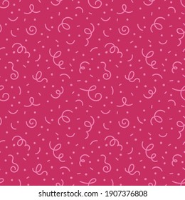 Vector Seamless Pattern With Ribbon Confetti Rain On Hot Pink Background. Festive Magenta Background. Doodle Seamless Pattern.