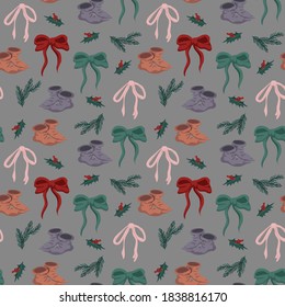 Vector seamless pattern with ribbons fir tree branches holly leaves and elf shoes