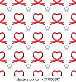 Vector seamless pattern of ribbons in the shape of heart. Symbol of fighting cancer. St. Valentine s Day, love.