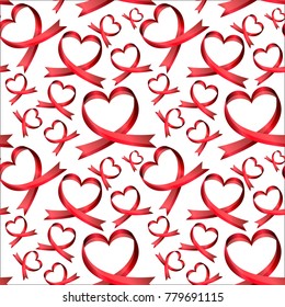 Vector seamless pattern of ribbons in the shape of heart. Symbol of fighting cancer. St. Valentine s Day, love.
